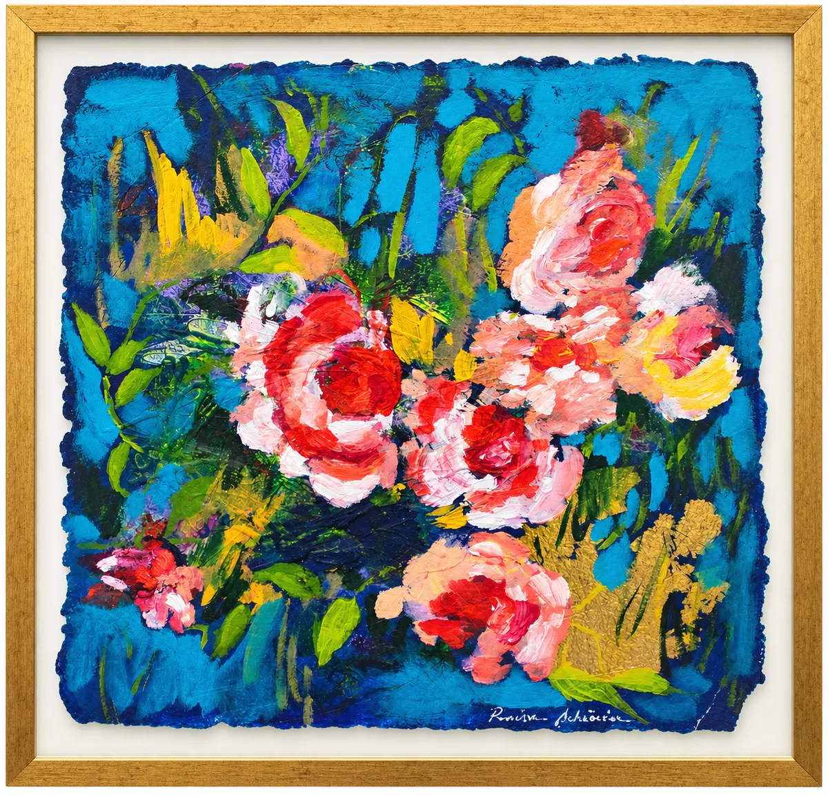Vestígios de um Jardim, pintura de flores em fundo azul com folha metálica dourada