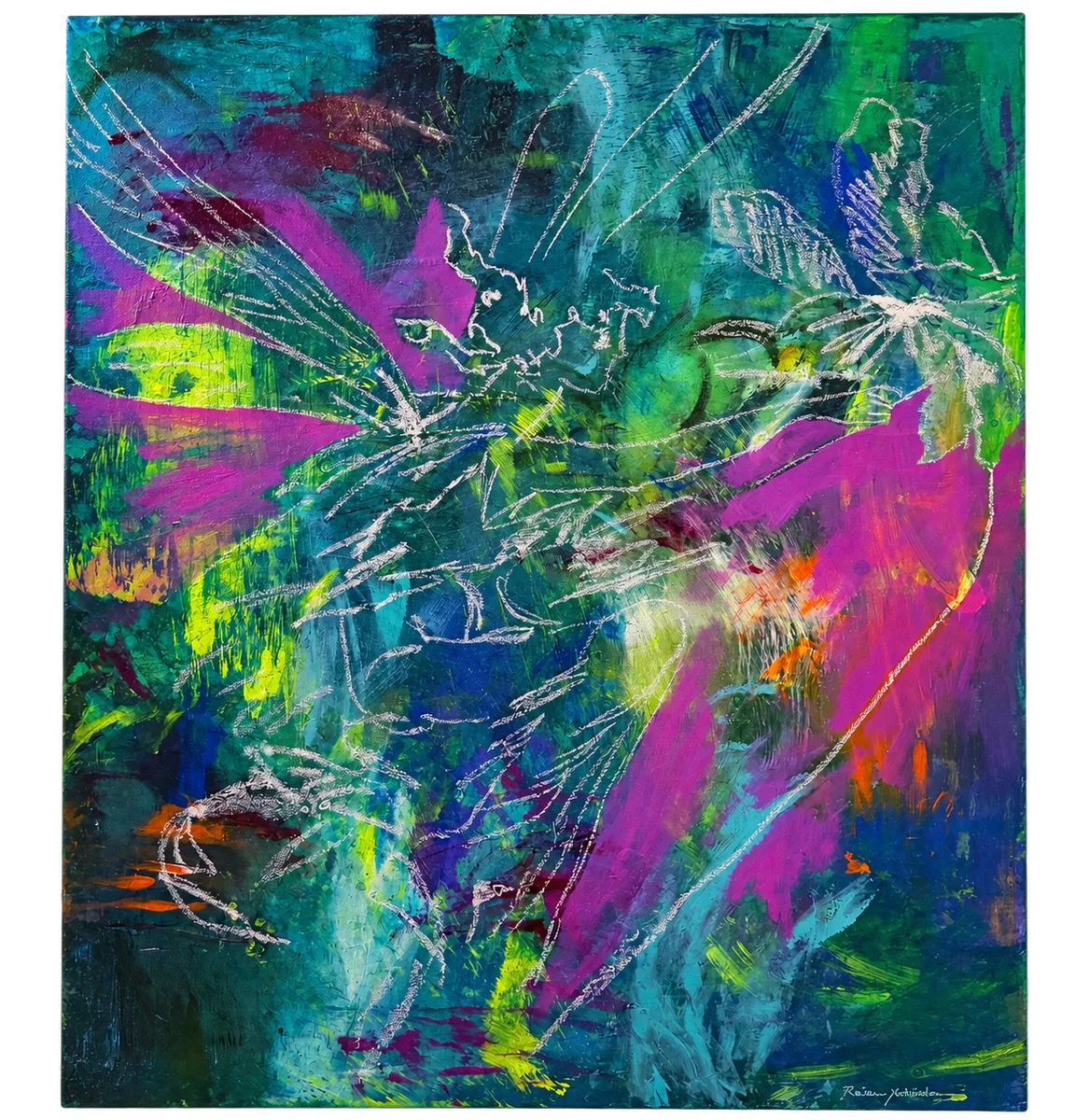 Jardim Inacabado, pintura abstrata em camadas de verde, azul-petróleo e magenta com traços brancos