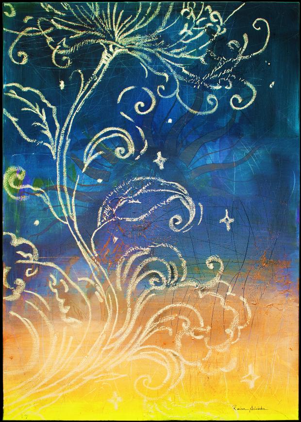 Solar, pintura com caule dourado sobre fundo azul que se abre em campo amarelo