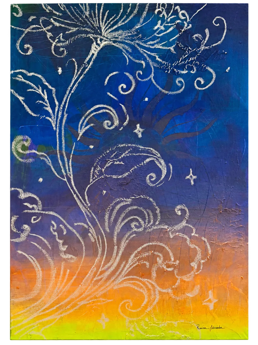 Solar, pintura com caule prateado sobre fundo azul que se abre em campo laranja e amarelo