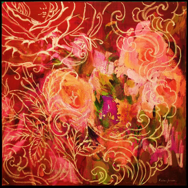 Matéria Viva, pintura de flores em vermelho, coral e dourado